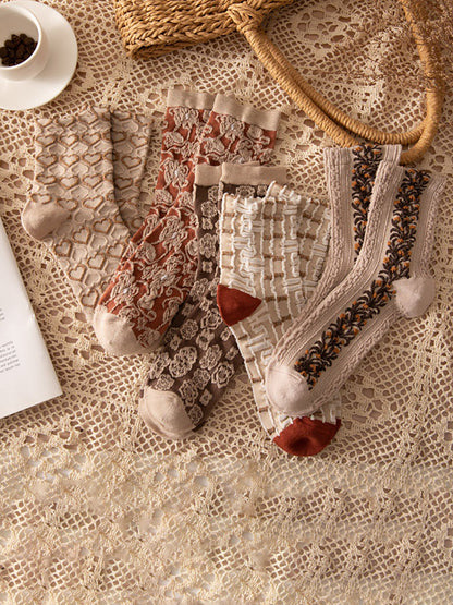 Dam Broderade Vintage Strumpor Blommönster 5-pack Mode och Komfort