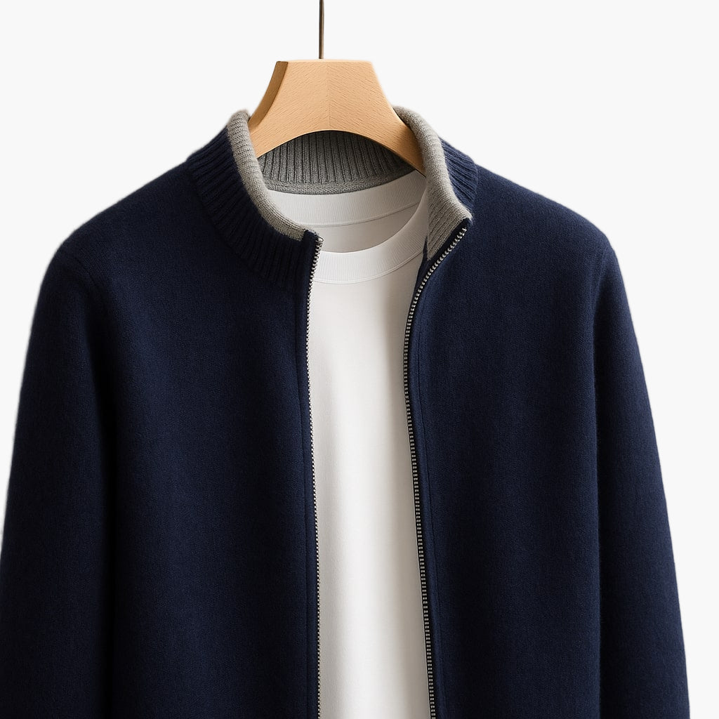 Herrjacka stickad med dragkedja – minimalistisk och modern vardagsstil
