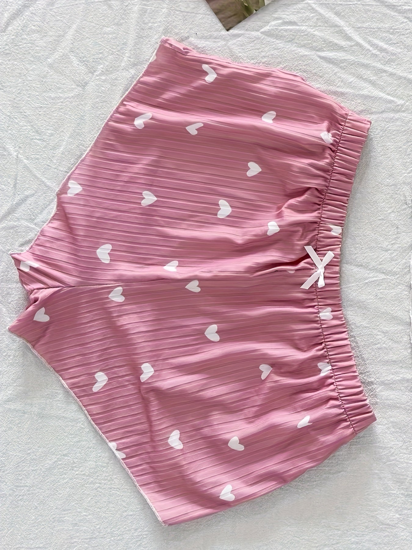 Dam Pyjamaset med hjärtmönster och rosett, sommar, tvådelad kort topp och shorts, söt och bekväm nattdräkt