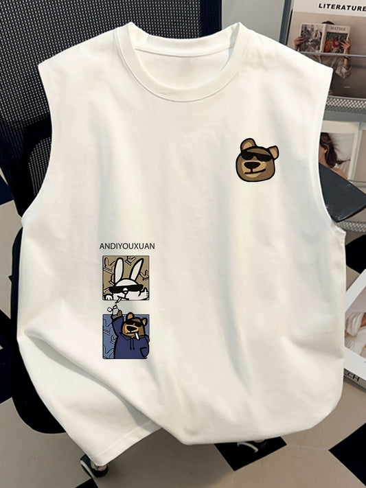 Herrarnas ärmlösa streetwear-topp med tecknad grafik och avslappnad stil