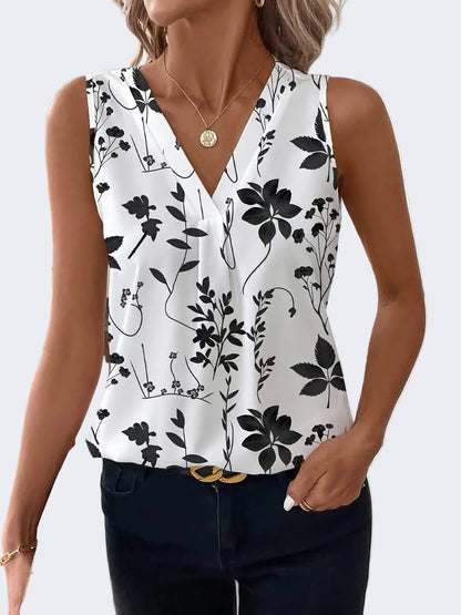 Dam Blus med Blommigt Mönster och V-ringning – Elegant Topp för Vår och Sommar