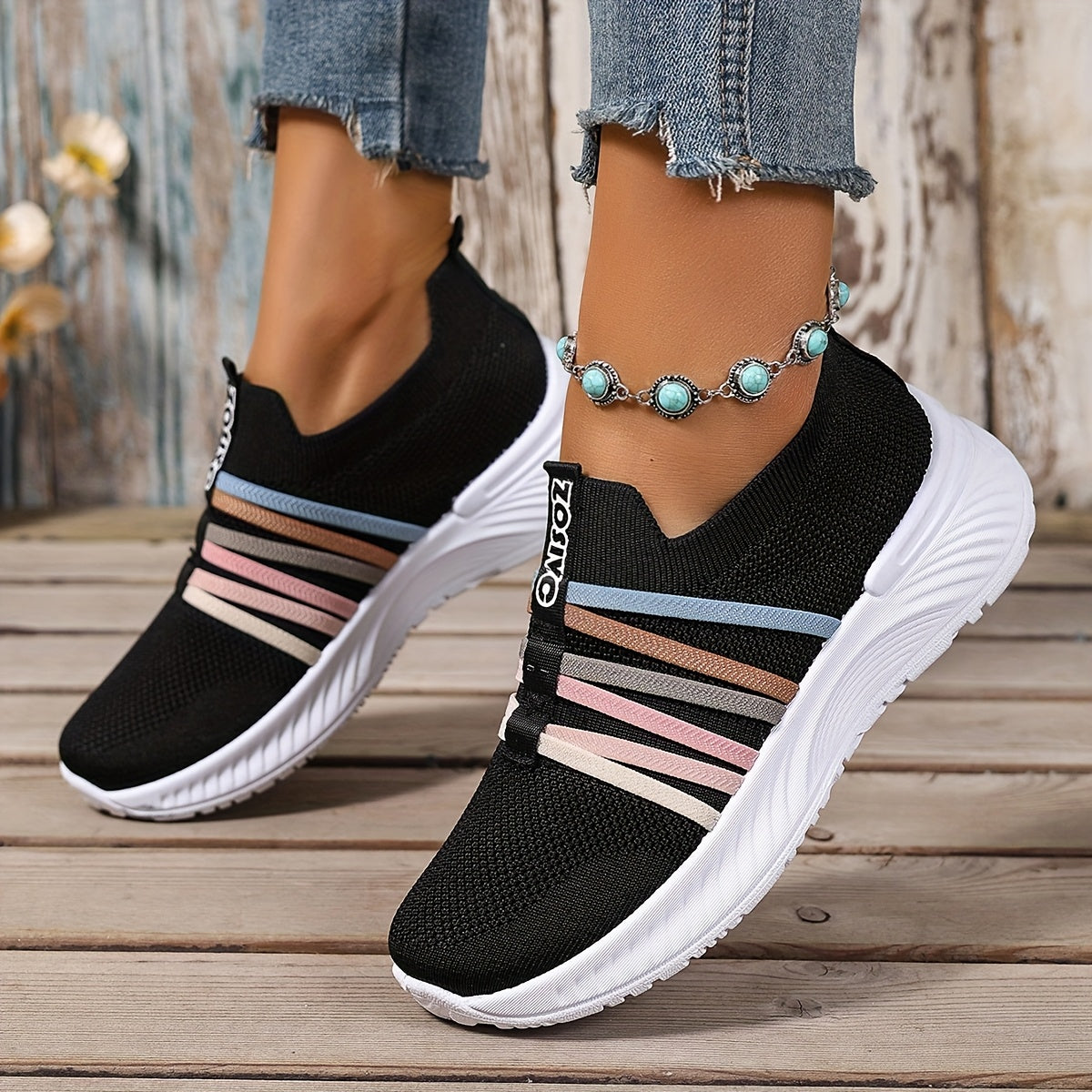 Dam Sneakers Slip-on Sportiga Vardagsskor Låg Modell – Trendig Randig Design