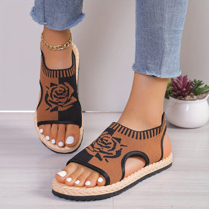 Dam Sandaler med Rosmotiv – Casual Sommarskor med Öppen Tå och Platåsula