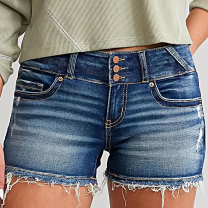 Damjeansshorts med hög midja och fransig kant – Trendiga vardagsshorts för sommar och fritid