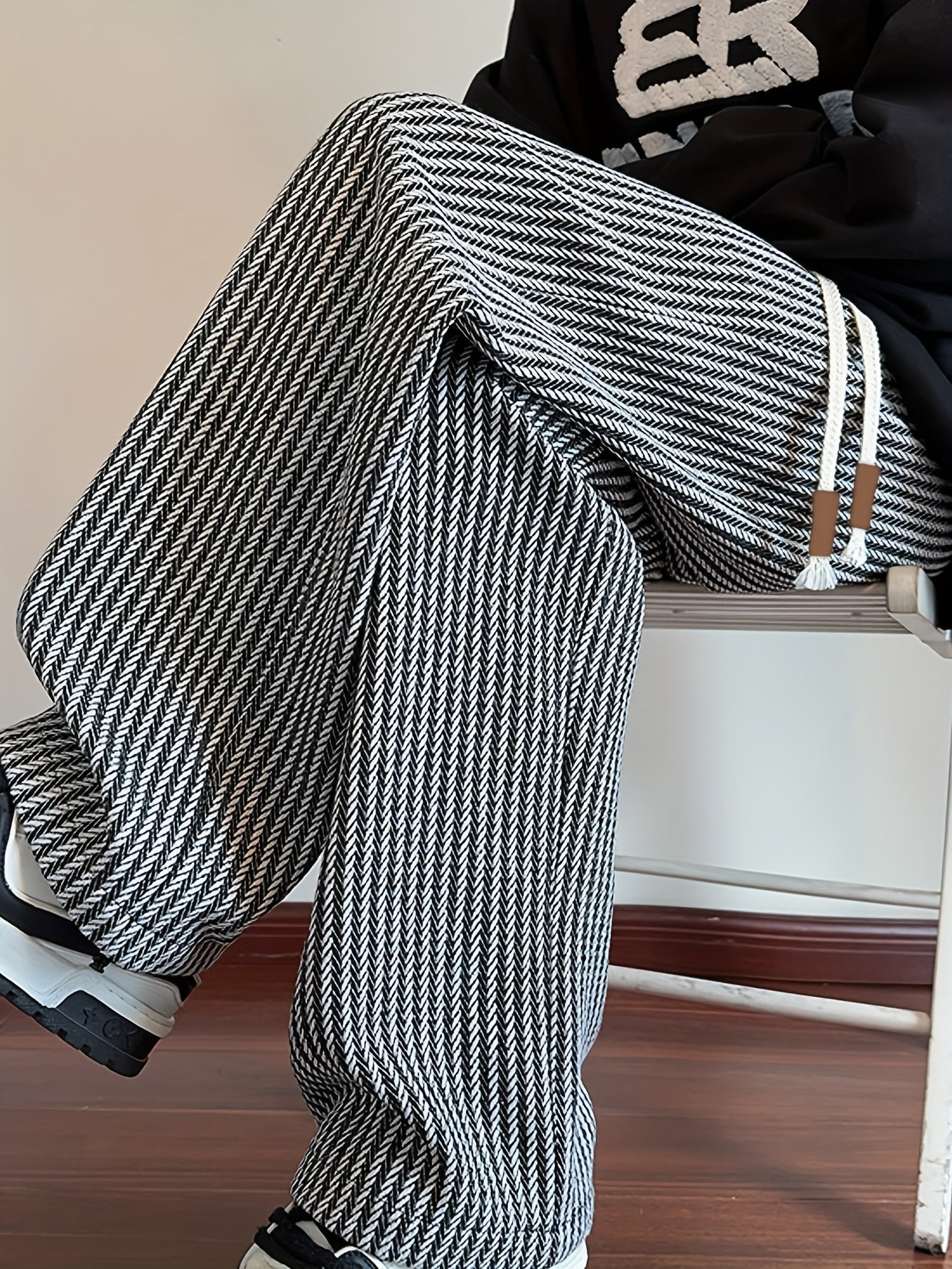 Herr Byxor Rak Benvidd Mönstrade Stickade Streetwear Casual