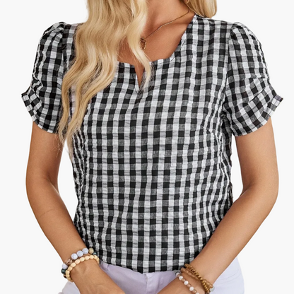 Dam Blus Elegant Rutig Vår/Sommar Top Kort Ärm Notch-Krage