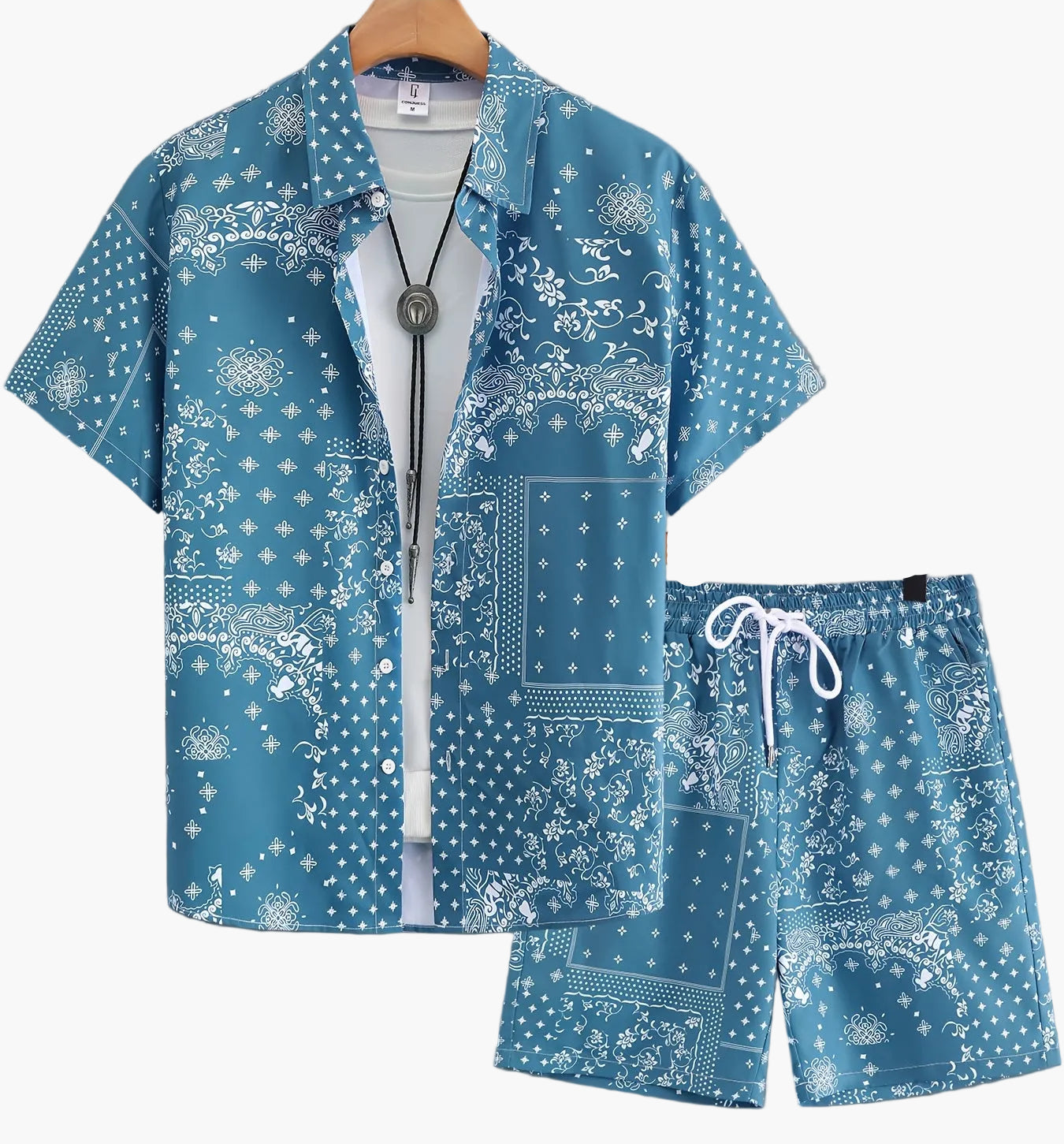 Herr Bandana-Set med Skjorta och Shorts – Avslappnad Sommarstil, Paisleymönster, Perfekt för Semester och Fritid