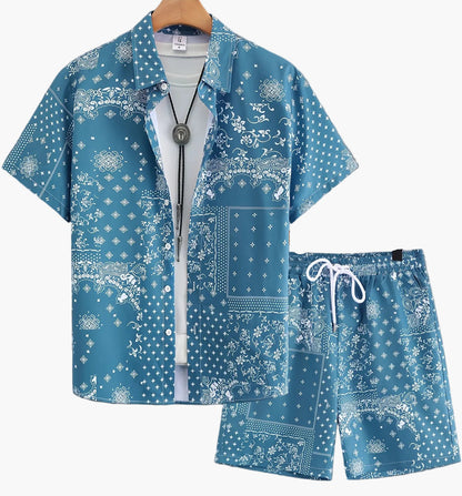 Herr Bandana-Set med Skjorta och Shorts – Avslappnad Sommarstil, Paisleymönster, Perfekt för Semester och Fritid