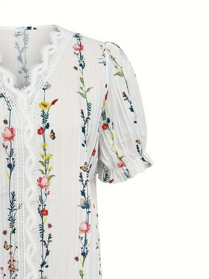 Dam Blus Elegant Somrig V-ringad Blommig Kortärmad Weekend Casual