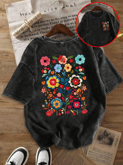 Dam T-shirt med söt blommig brodyr och avslappnad passform – Perfekt för sommarens vardag