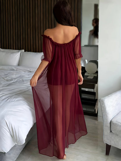 Dam Elegant Off Shoulder Lång Nattklänning med Volang – Sovplagg för Alla Säsonger