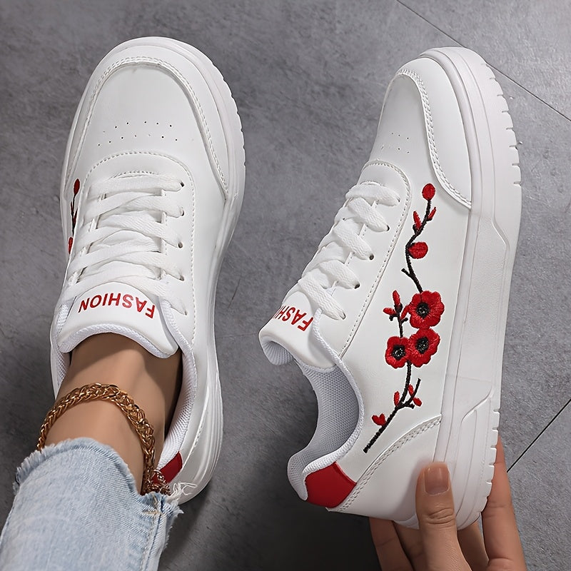 Dam Sneakers Elegant Stil Vardagsskor med Broderade Blommor och Snörning