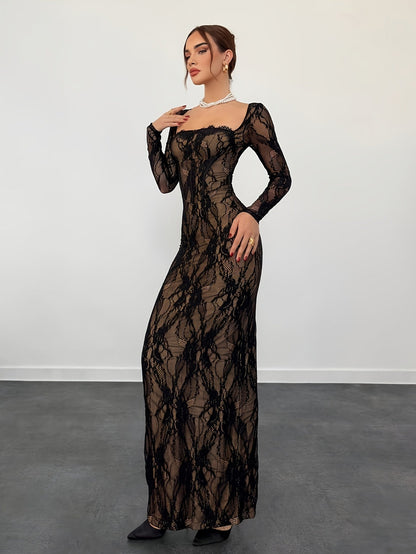 Dam Klänning Elegant Bodycon Långarmad Festklänning med Spetsdetaljer