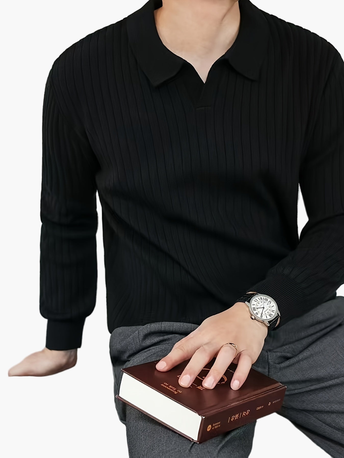 Herrstickad Ribbad Pikétröja – Modern Casual Stil för Höst och Vinter