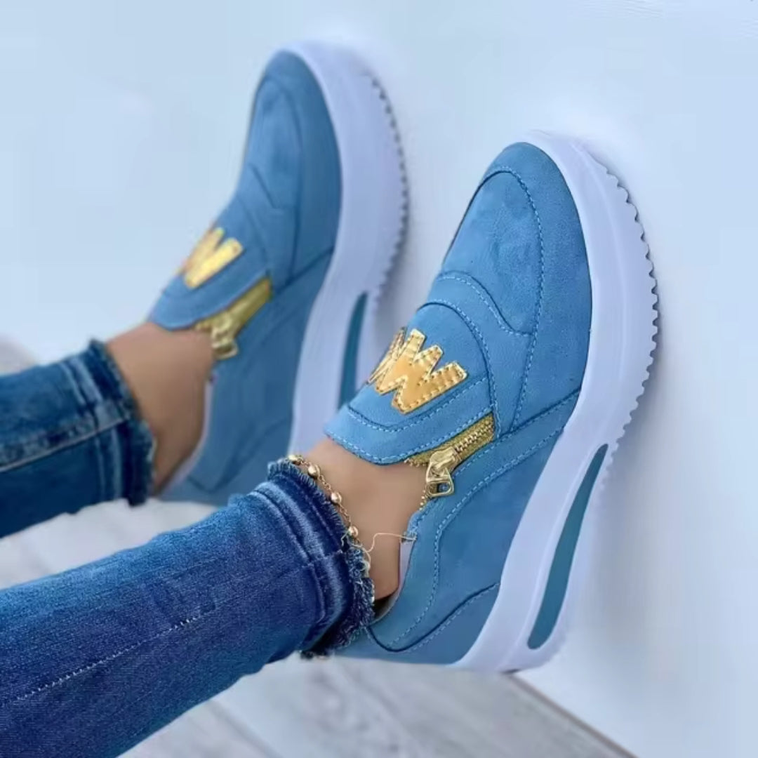 Sportiga Kvinnosneakers med Platåsula och Guldfärgade Dragkedjor – Sommar