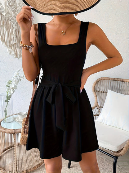 Dam Playsuit Elegant Kort med Skärp och Fyrkantig Hals – Perfekt för Vår och Sommar