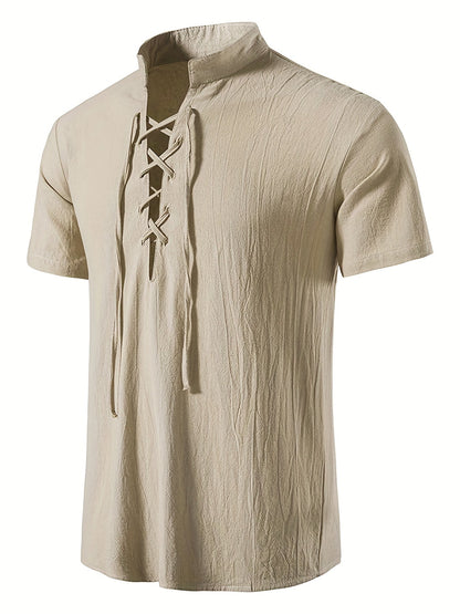 Herr T-shirt med snörning och ståkrage – Trendig avslappnad topp för sommarens fritid