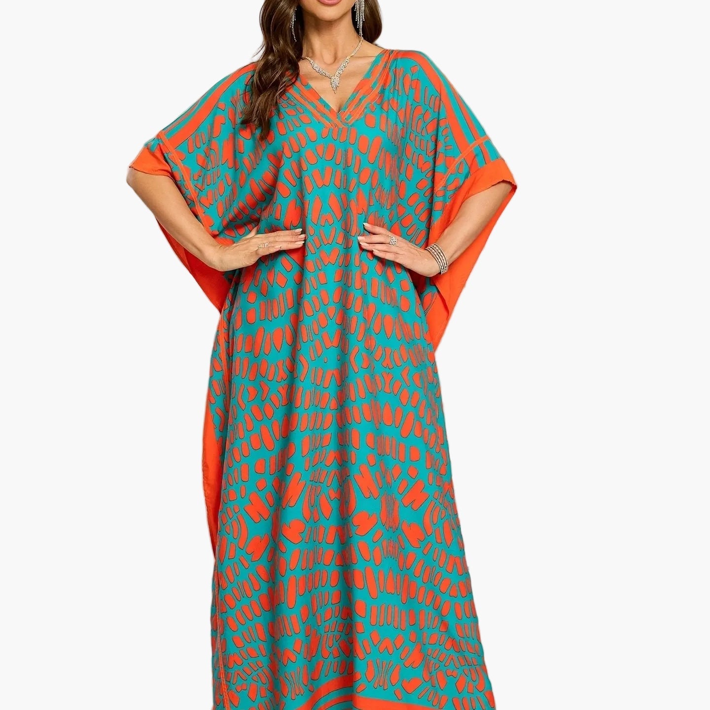Dam Kaftan Boho Långklänning med V-ringning och Lös Passform – Perfekt för Semester eller Strand