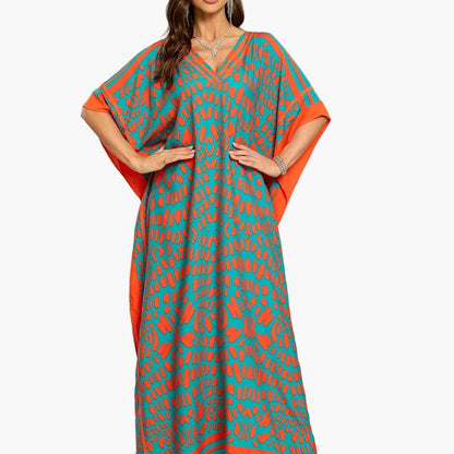 Dam Kaftan Boho Långklänning med V-ringning och Lös Passform – Perfekt för Semester eller Strand