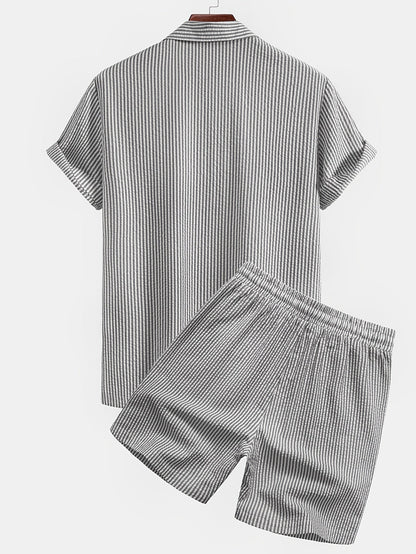 Herr Set med Kortärmad Skjorta och Shorts – Randigt, Avslappnat Sommarset för Strand och Semester