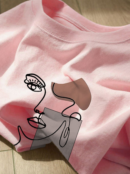 Dam T-shirt med abstrakt ansikte och modern konststil – casual för vår och sommar