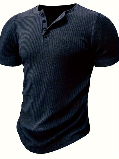 Herr T-shirt med ribbad struktur och knappslå – Ledig och stilren för sommar och vardag