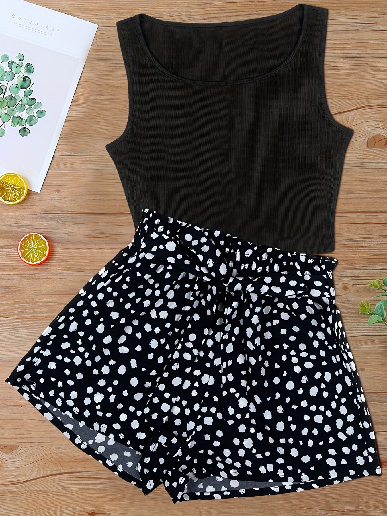 Dam Shorts Set med Prickigt Mönster och Elegant Linne – Perfekt för Vår och Sommar