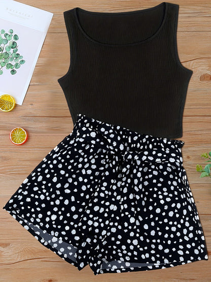 Dam Shorts Set med Prickigt Mönster och Elegant Linne – Perfekt för Vår och Sommar