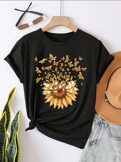 Dam T-shirt med solros och fjärilar, avslappnad stil, vår/sommar