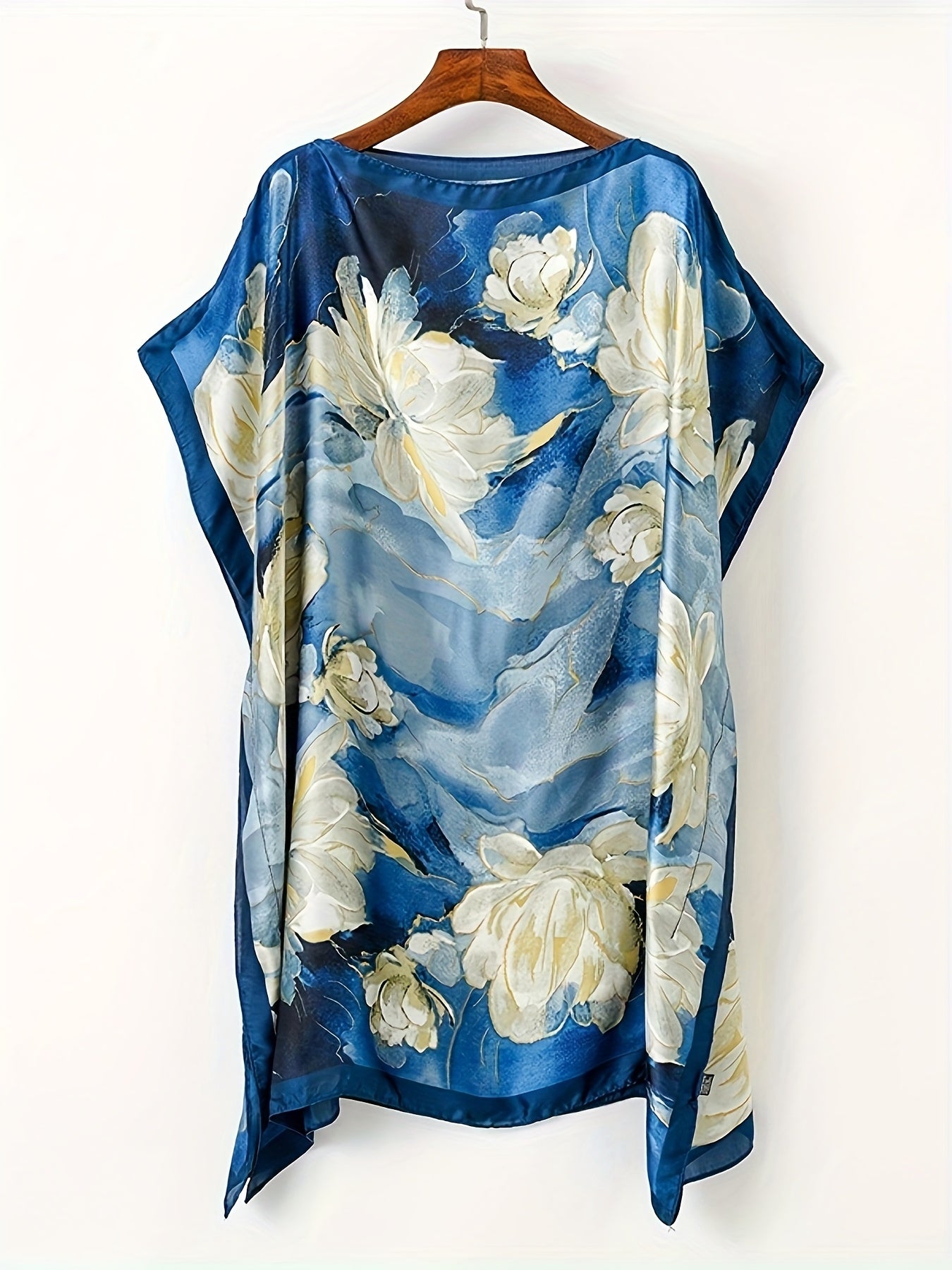 Dam Poncho Kaftan Boho Asymmetrisk Strandtunika med Blommönster
