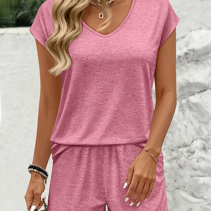 Damset Loungewear V-ringad Topp och Shorts Avslappnad Stil Perfekt för Vardag och Sommar