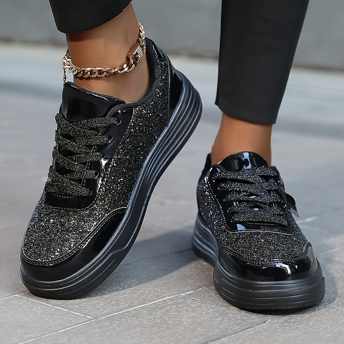Dam Sneakers Plattform Glittrig Trendig Mode Promenadskor