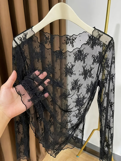 Dam Topp med Lång Ärm och Broderade Blommor – Elegant Transparent Festblus