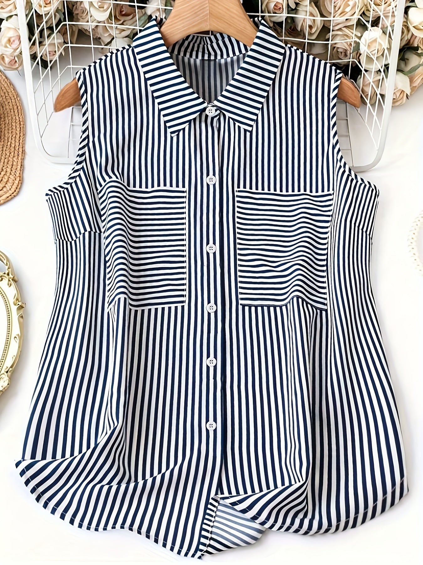 Dam Ärmlös Randig Skjortblus Elegant Sommar Kontorsstil