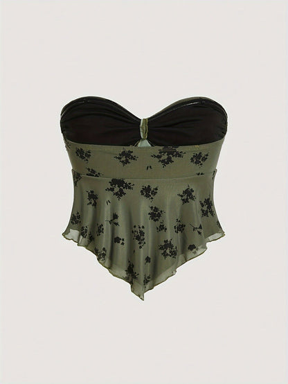 Dam Bandeau Topp med Knytning och Handkerchief Fåll – Trendig Fest- och Sommarmode