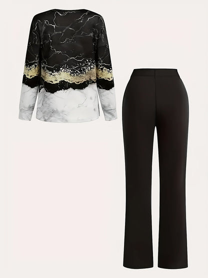 Dam Topp med Geometriskt Mönster och Vida Byxor – Elegant Vardagsoutfit för Våren och Sommaren
