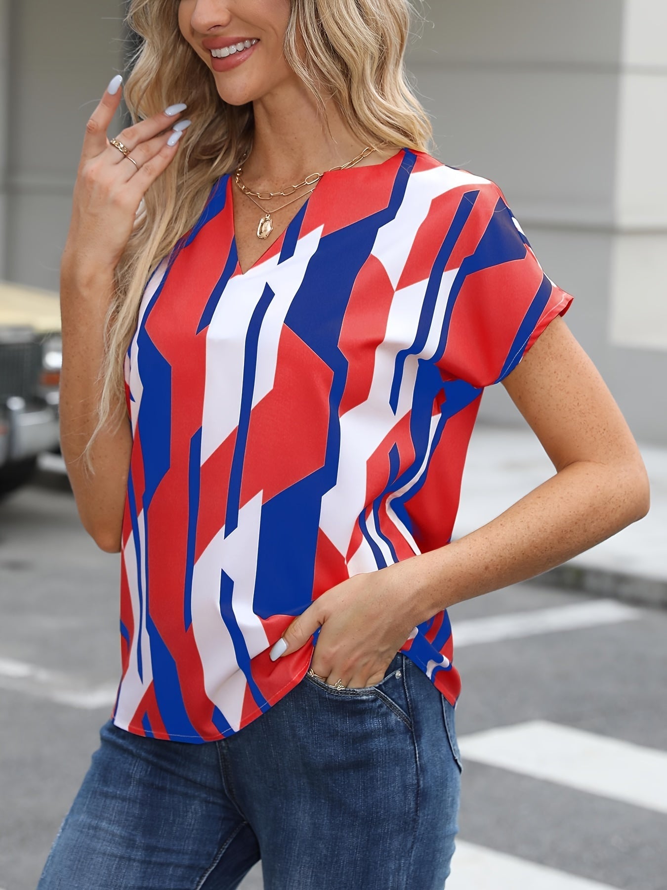 Dam Blus Geometriskt Mönster V-ringad Elegant Sommarblus Kontorsstil