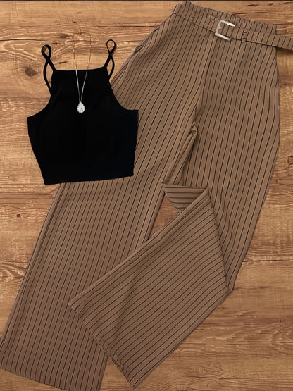 Dam Set: Elegant Randigt Byxor och Crop Top för Vår/Sommar – Perfekt för Kontor och Fest