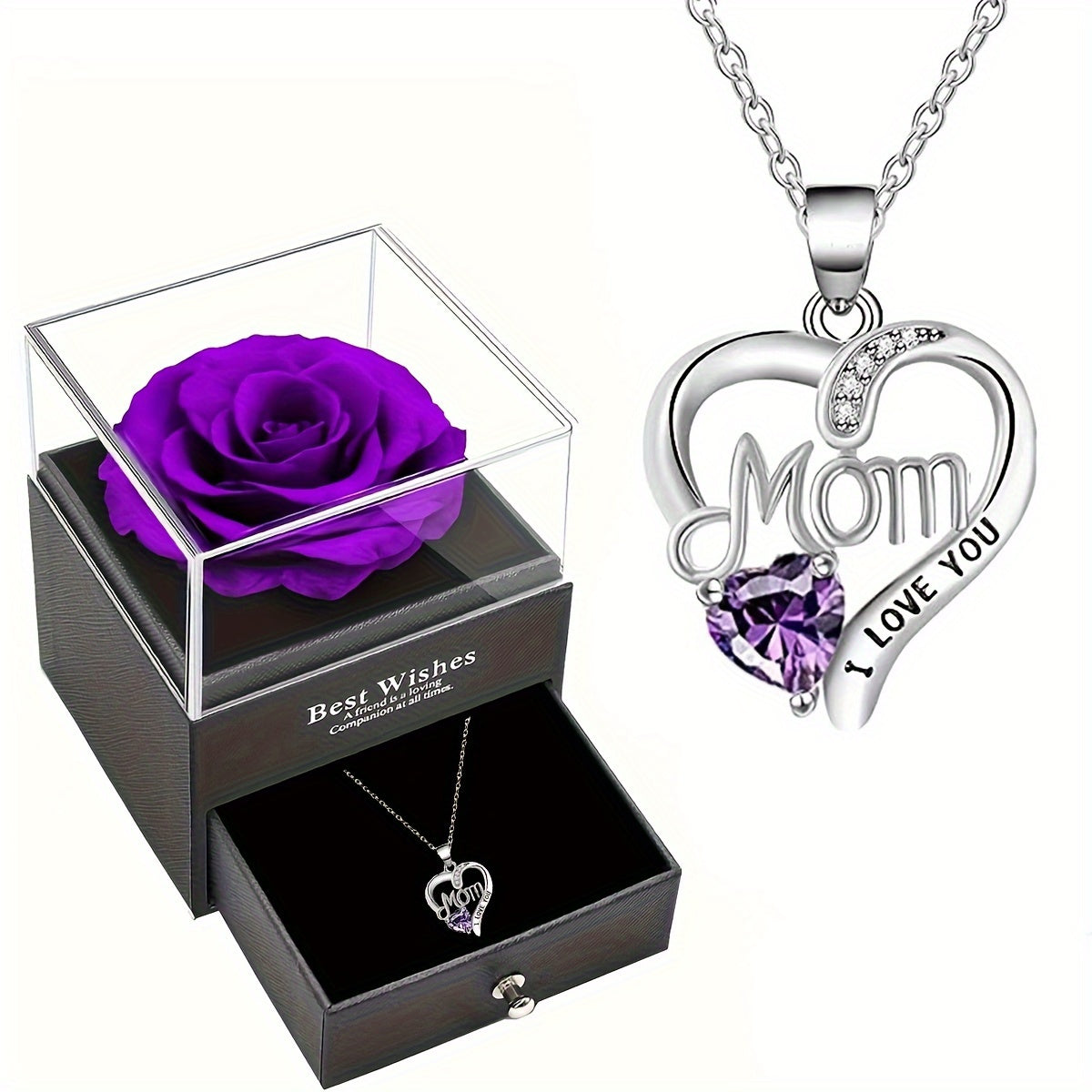 Smyckeset för Dam – Halsband med Hjärtformat 'Mom I Love You'-Hänge och Evighetsros i Presentask – Perfekt Gåva till Mamma