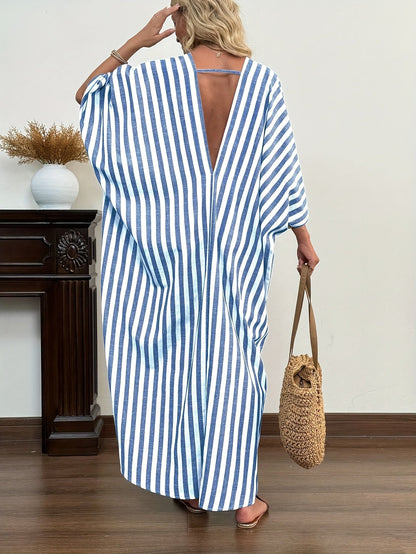 Dam Kaftan Maxiklänning med Resortstil och Lediga Ränder – Perfekt för Strand och Semester