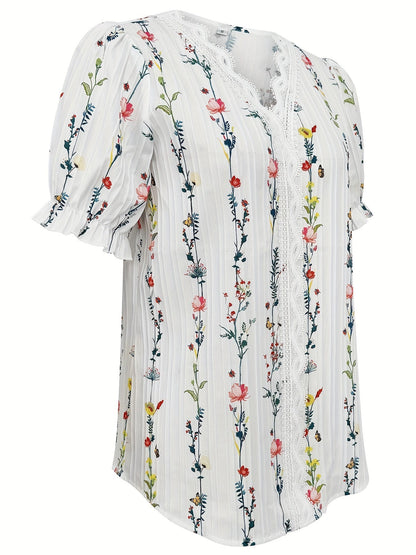 Dam Blus Elegant Somrig V-ringad Blommig Kortärmad Weekend Casual