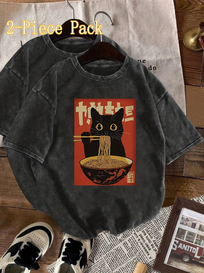 Unisex T-shirt med Vintage Katt och Ramen, Japansk Stil, Casual Mode