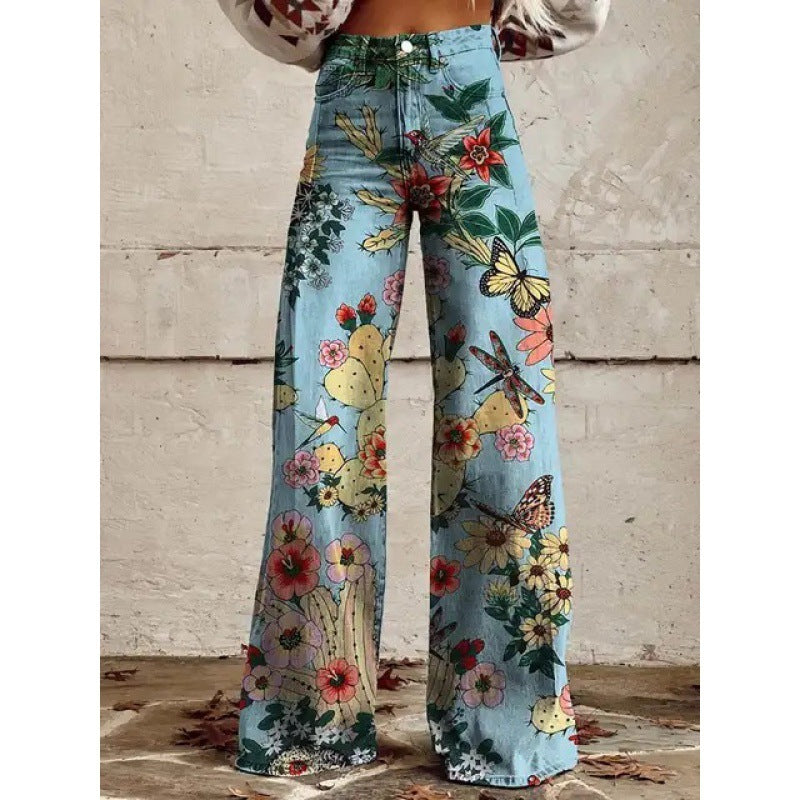 Jennifer – Tryckta Högmidjade Långa Byxor i Premium Vegan Denim