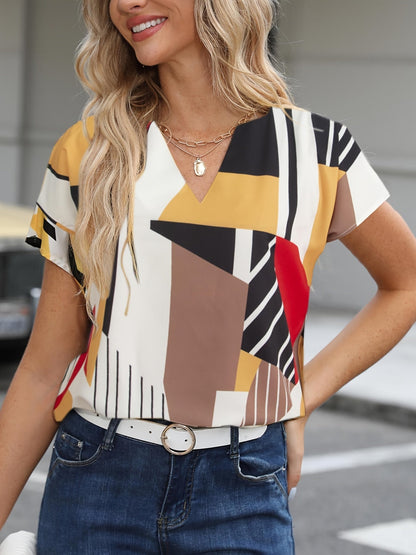 Dam Blus Geometriskt Mönster V-ringad Elegant Sommarblus Kontorsstil
