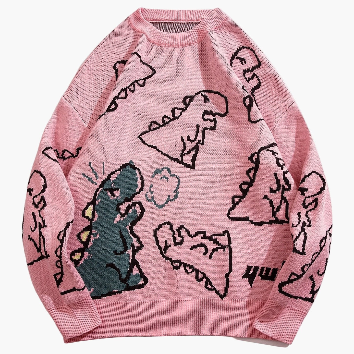 Herrtröja med tecknad dinosauriedesign, avslappnad streetwear för höst och vinter
