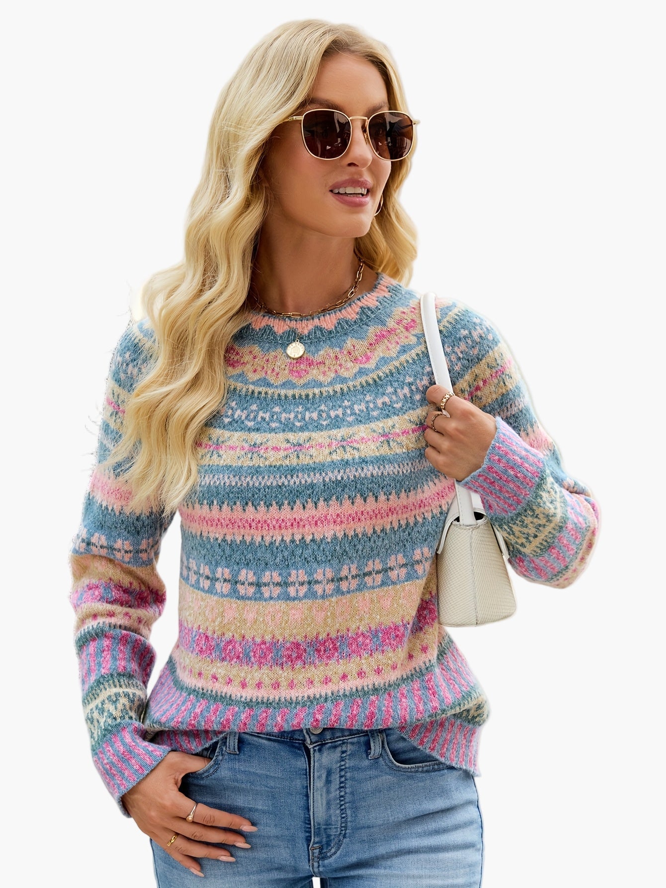 Dam Tröja Elegant Mönstrad Stickad Pullover för Höst och Vinter