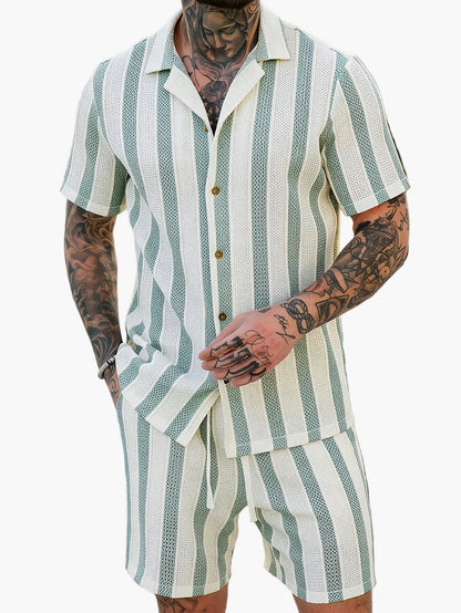 Herr Set med Kortärmad Skjorta och Shorts – Randigt, Avslappnad Sommarstil