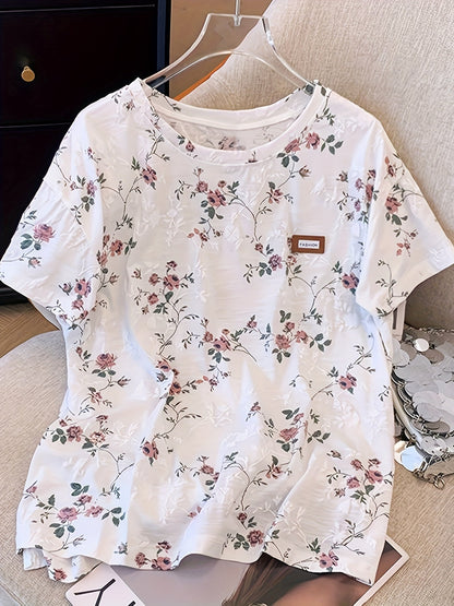 Dam T-shirt med blommigt mönster, avslappnad stil, vardagsbruk