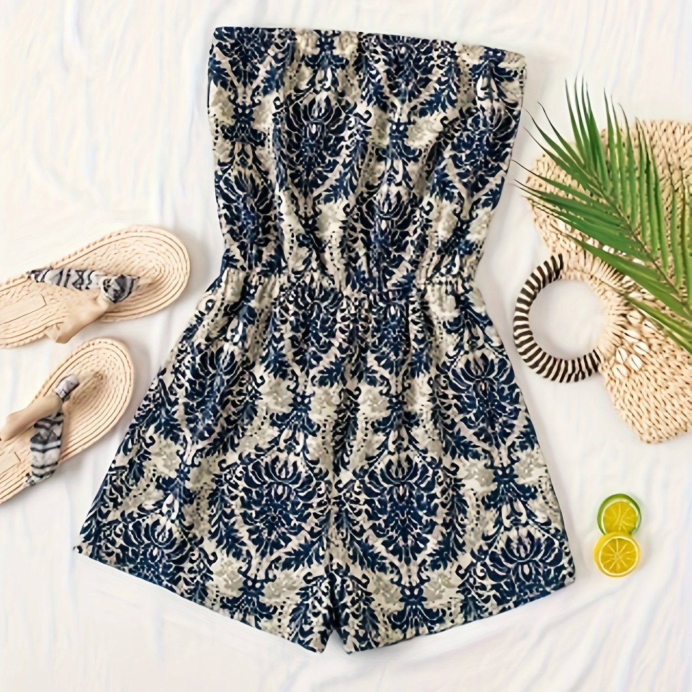 Damernas strapless damastmönstrad romper – elegant sommarstil för semester och vardag