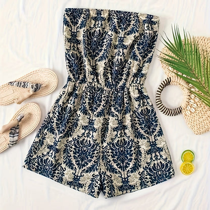 Damernas strapless damastmönstrad romper – elegant sommarstil för semester och vardag